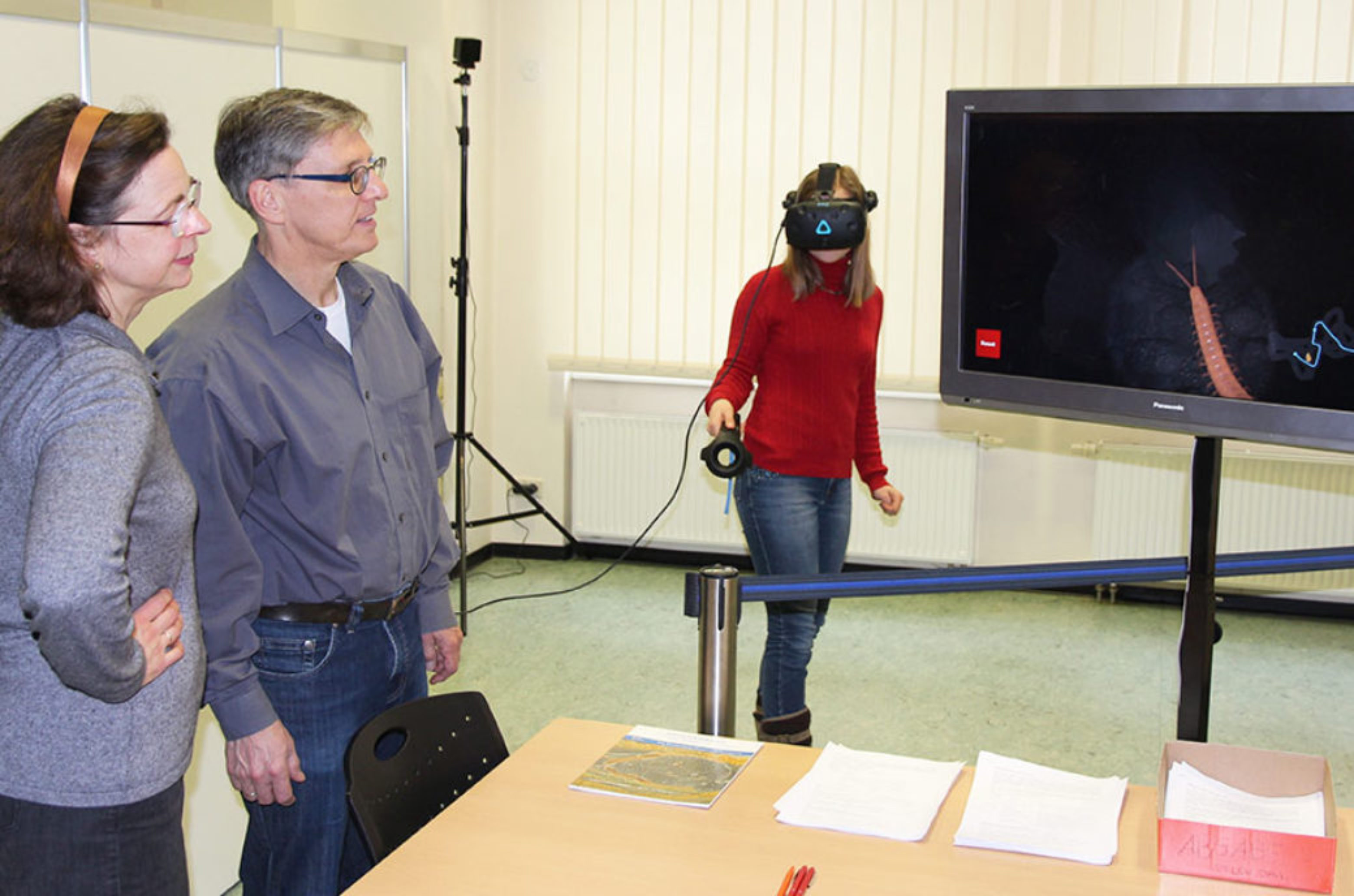 On a screen, visitors can observe what the wearer of the VR goggles is currently experiencing.