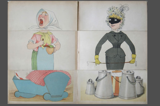 Lothar Meggendorfer lässt NutzerInnen in seinem Werk Die lustige Tante: ein komisches Verwandlungsbilderbuch (1891) Figuren aus umklappbaren Seitenfeldern neu kombinieren. Foto: SBB-PK