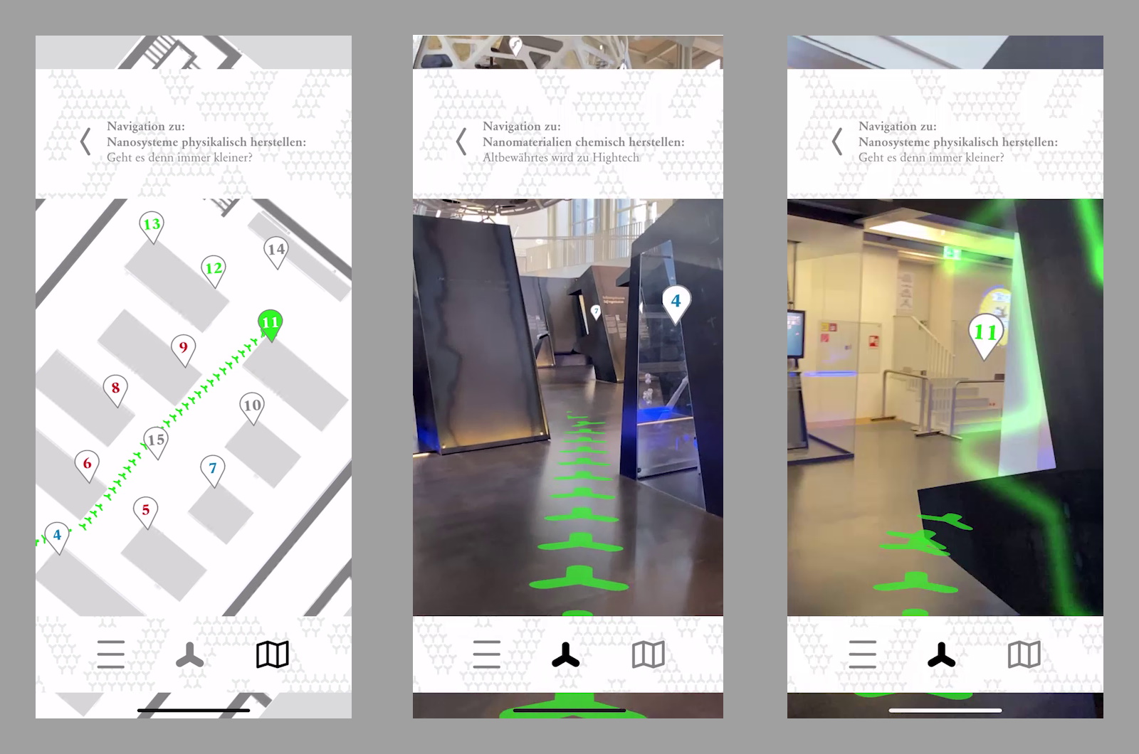 Es werden drei Screenshots der AR AR-Indoor-Navigation gezeigt.