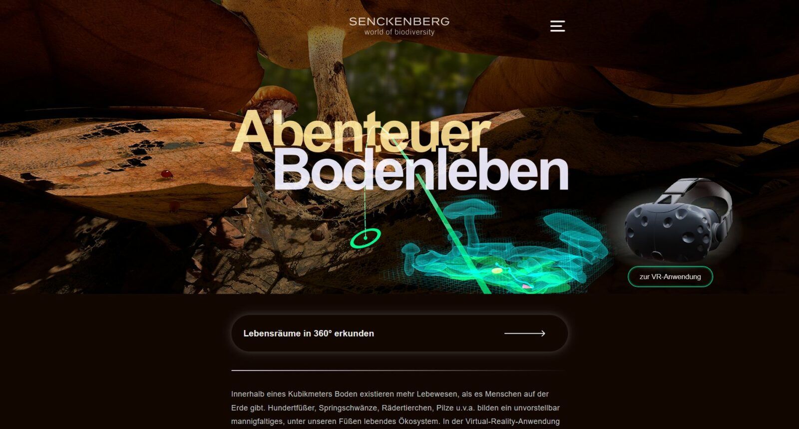 Screenshot der Webseite Virtual Reality „Abenteuer Bodenleben“