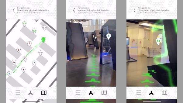 Drei Screenshots der AR-Anwendung in der Ausstellung