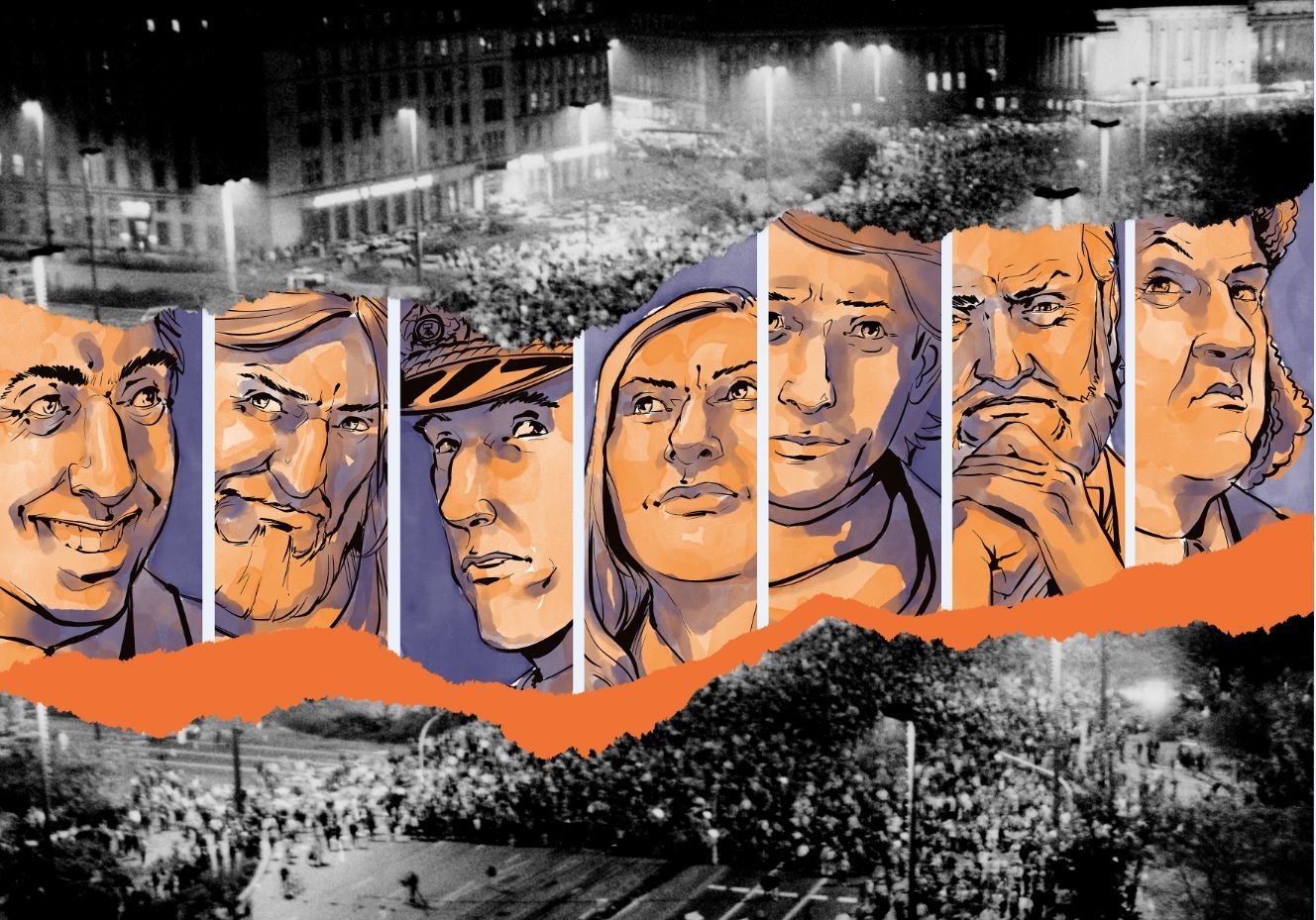Abgebildet ist das Key Visual für das Spiel "Leipzig ´89 - Revolution reloaded" mit den sieben Spielfiguren.