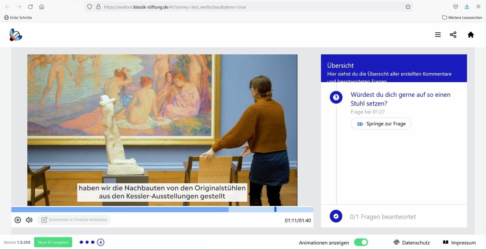 museum4punkt0: „k:evatool“ der Klassik Stiftung Weimar zur Evaluierung digitaler Vermittlungsangebote, Videomodul mit zeitbasierten Fragen.