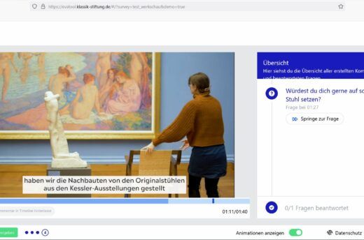 museum4punkt0: „k:evatool“ der Klassik Stiftung Weimar zur Evaluierung digitaler Vermittlungsangebote, Videomodul mit zeitbasierten Fragen.