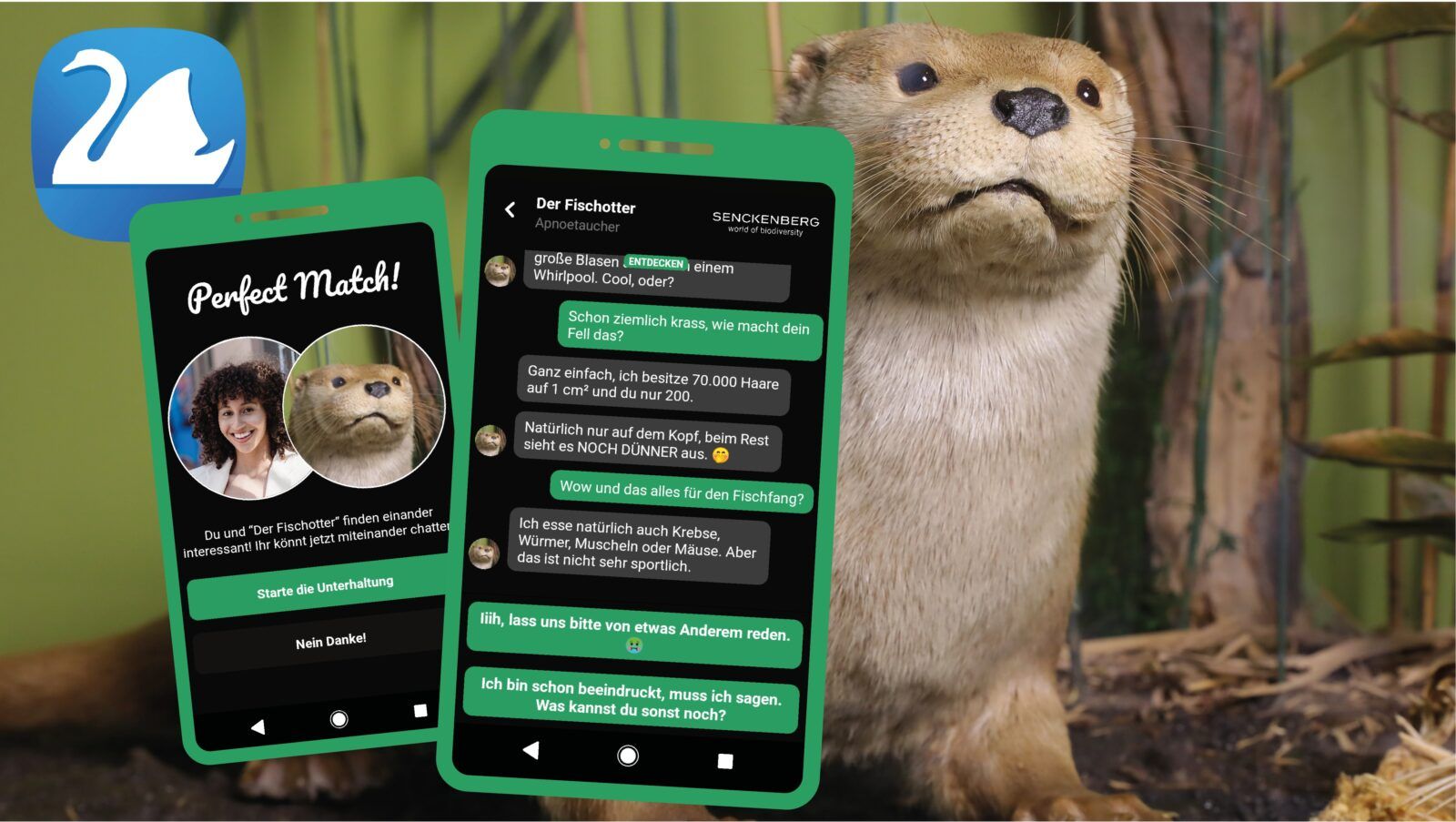 museum4punkt0 nachgennutzt: Mit der App „Mein Objekt – Senckenberg“ auf dem eigenen Smartphone können Nutzer*innen mit Greifvogel, fleischfressender Pflanze oder Fischotter chatten. Die App ist eine Adaption der in museum4punkt0 entwickelten und weiterentwickelten App „Ping! Die Museumsapp“.