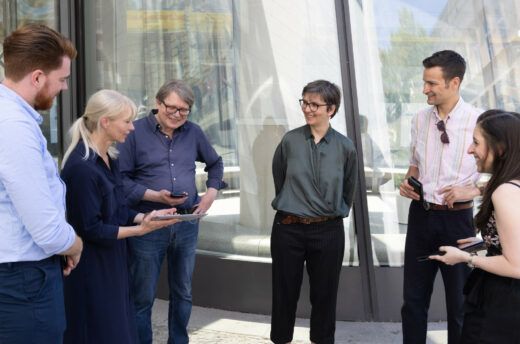 Erstes „analoges“ Treffen des Projektteams mit Playing History, v.l.n.r.: Niels Hölmer, Elisabeth Breitkopf-Bruckschen, Fritz Backhaus, Ulrike Kuschel, Martin Thiele-Schwez und Anne Sauer