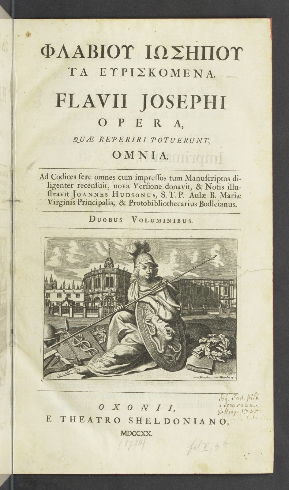 Im oberen Bereich der Titelseite ist Autorname und Titel des Buches auf Altgriechisch und Latein zu lesen, darunter findet sich eine Illustration, die eine sitzende Person mit Helm, Speer und Schutzschild vor der Oxforder Bodleian Library zeigt.