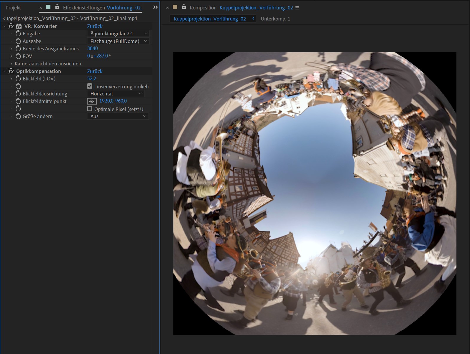 VR-Video in Kuppelprojektion umgewandelt mit erweiterten bzw. "aufgeblähtem" Nutzungsbereich für mehr Bildfläche