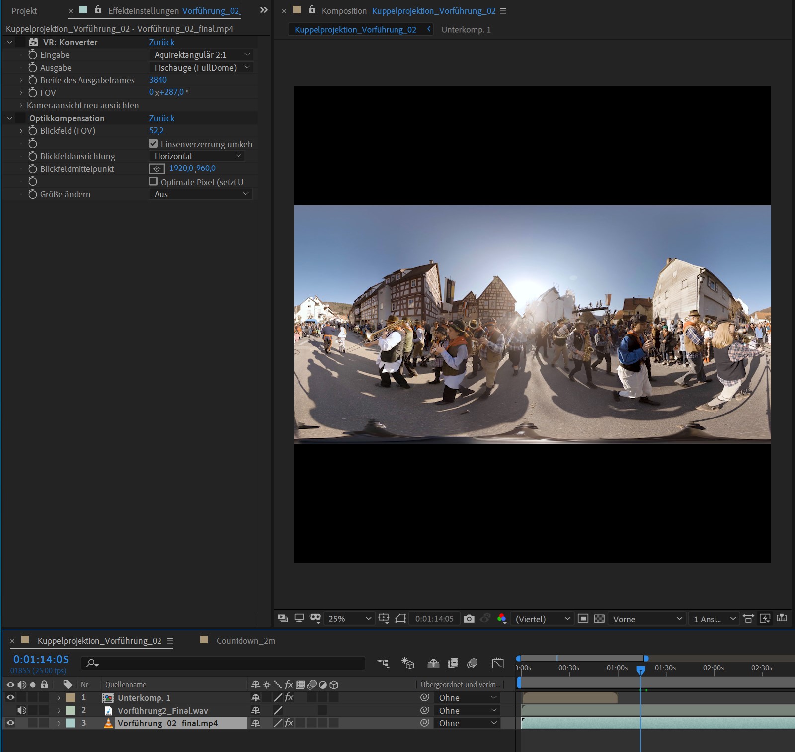 Ausschnitt aus Adobe After Effects mit Anwendung des VR to Dome Effekts
