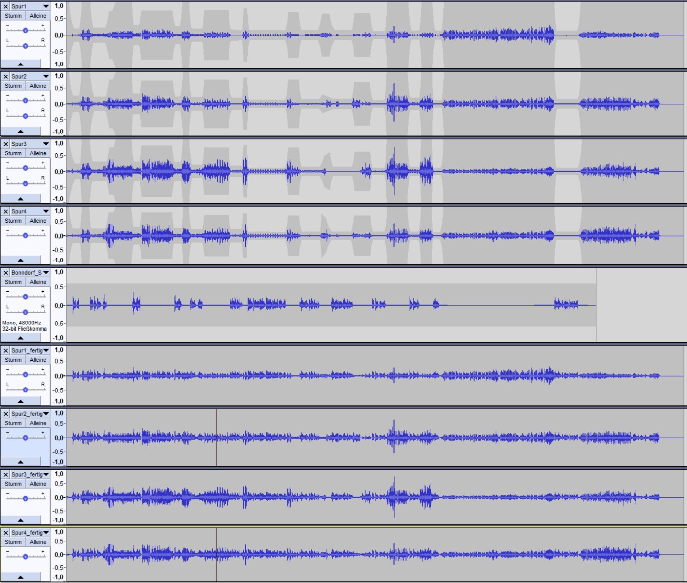 Audiomischung von H6 Recorder Material mit vier verschiedenen Dateien mit einzelnen Spuren, zu einer Datei mit vier Spuren mit der Hilfe von Audacity