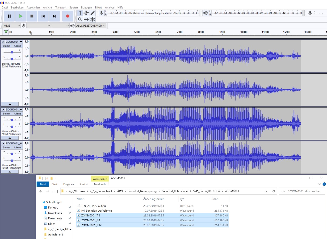 Audiomischung von H2n Mikrofon Material mit drei verschiedenen Dateien mit ein bis zwei Spuren, zu einer Datei mit vier Spuren mit der Hilfe von Audacity