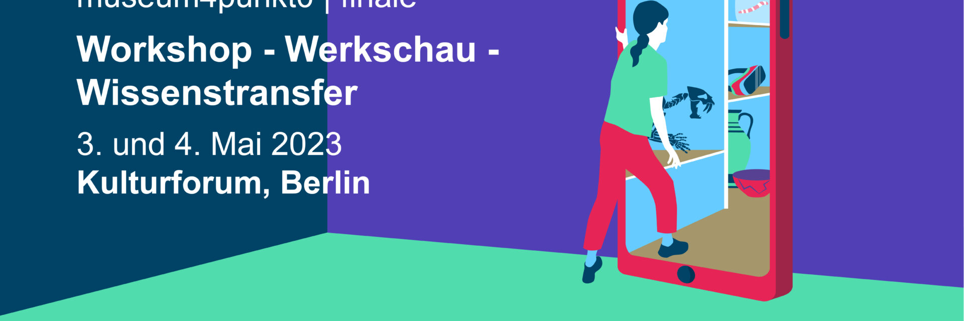 Grafik zur Veranstaltung museum4punkt0 I finale. Eine Person läuft in ein großes Smartphone mit musealen Objekten