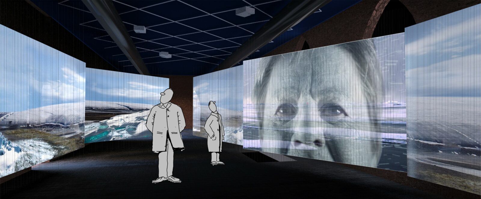 Zwei animierte Figuren stehen in einem Raum, in dem verschiedenen Leinwände angeordnet sind.