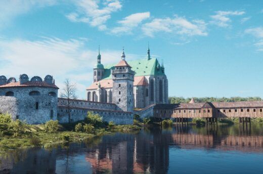 Das Foto zeigt die Rekonstruktion einer mittelalterlichen Neiße-Brücke vor der Peterskirche in Görlitz