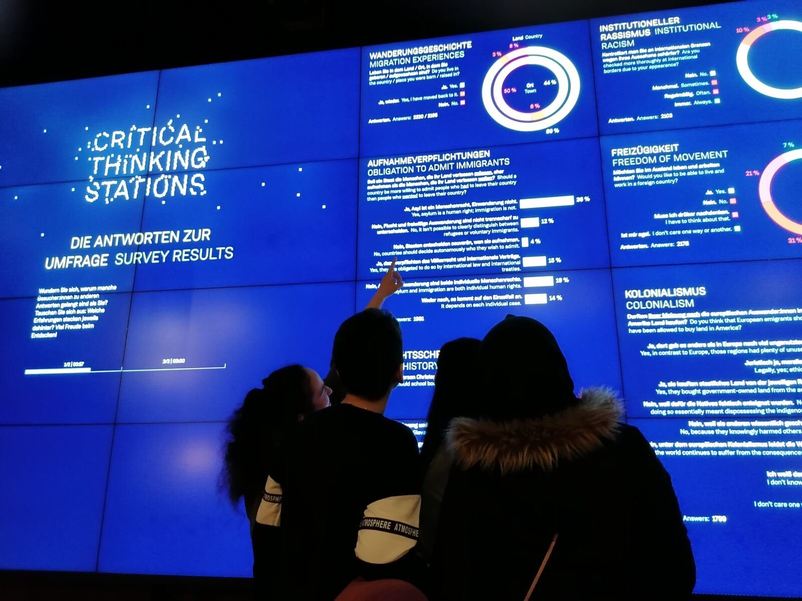 Auf einer großen Videowand sind Ergebnisse der CTS-Fragen als Grafiken zu sehen. Vor der Wand steht eine Gruppe Jugendlicher, betrachtet die Ergebnisse und diskutiert darüber.