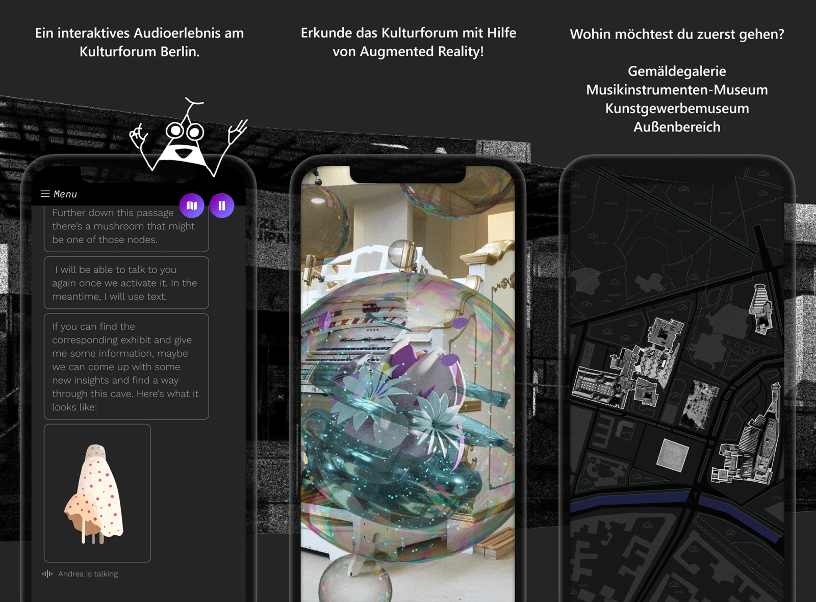 Drei Screenshots aus der App „Future Walk“.