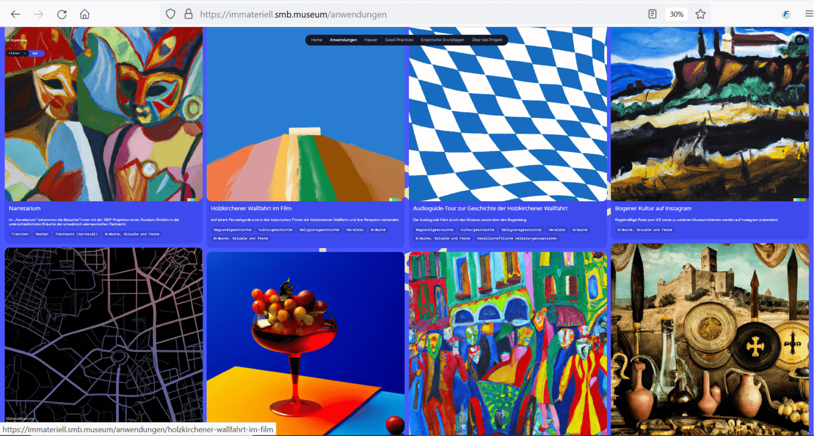 Der Screenshot zeigt das Repertorium der Anwendungen auf der Plattform "Materialisierung des Immateriellen im Museum". KI-generierte Bilder sind als Teaser zu sehen.