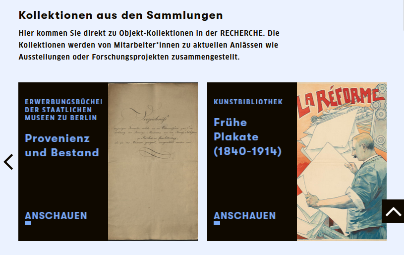 Zu sehen ist ein Ausschnitt der Objektdatenbank aus den Erwerbungsbüchern und der Plakatsammlung der Staatlichen Museen zu Berlin.