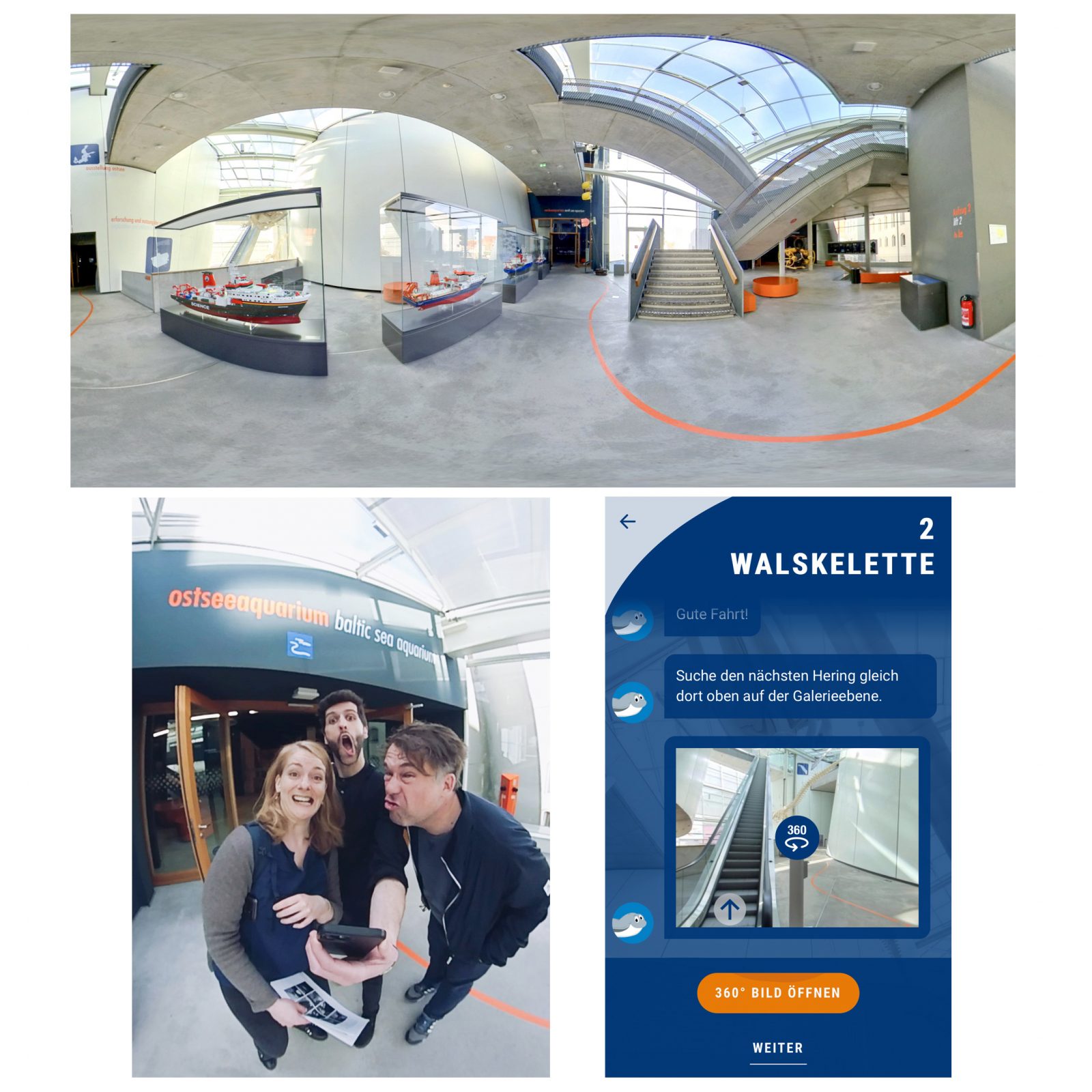 Zu sehen zwei Aufnahmen im Weitwinkel und eine Screenshot aus der App des OZEANEUMs.