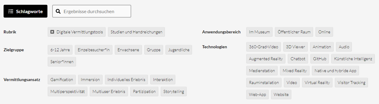 Bildschirm-Foto des ausgeklappten Filters im Haupt-Bereich "Ergebnisse".