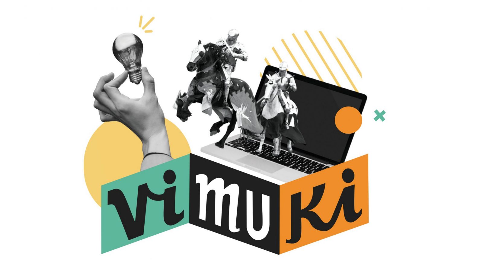 Das Vimuki-Logo mit bunten Formen und einem Bildschirm, aus dem Ritter auf ihren Pferden reiten. Eine Hand hält eine leuchtende Glühbirne.