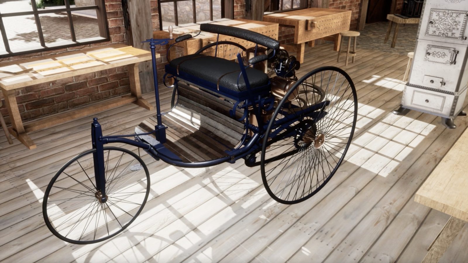 Ein Bild aus einer der verfügbaren VR-Sequenzen: Die Werkstatt des Benz Patent-Motorwagens.