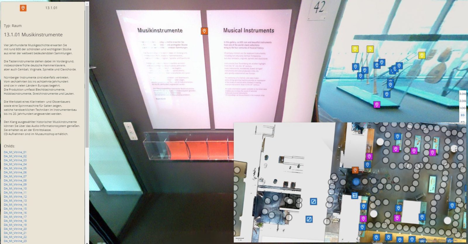 In einer digitalen Anwendung werden Ausstellungsobjekte im Museum mit Markern und Zusatzinformationen versehen.